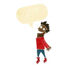 cartoon drenched man flying with speech bubble