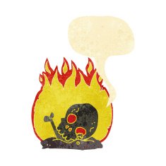 cartoon burning old bones with speech bubble