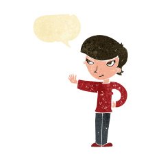cartoon woman waving with speech bubble N38