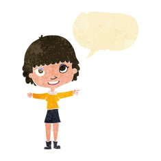 cartoon happy woman pointing with speech bubble N9