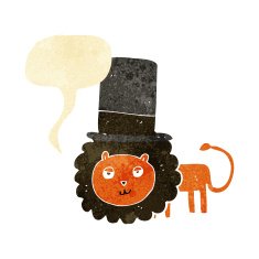 cartoon lion in top hat with speech bubble