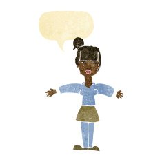 cartoon woman shrugging shoulders with speech bubble N63