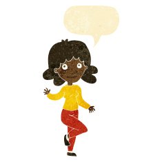 cartoon friendly woman waving with speech bubble N7