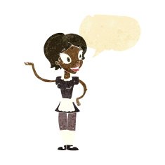 cartoon woman in maid costume with speech bubble