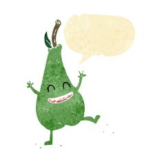 cartoon happy dancing pear with speech bubble N2