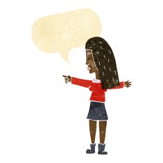 cartoon woman pointing with speech bubble N25