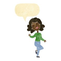 cartoon happy woman dancing with speech bubble