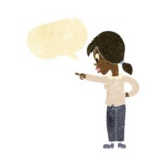 cartoon enthusiastic woman pointing with speech bubble