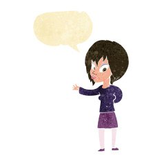 cartoon woman making welcome gesture with speech bubble N2