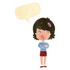 cartoon happy woman with folded arms speech bubble N4