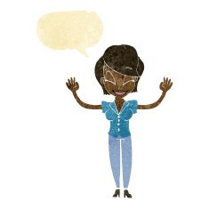 cartoon pretty woman with hands in air speech bubble