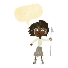 cartoon woman with spear speech bubble