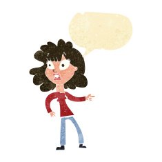cartoon worried woman pointing with speech bubble