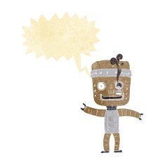 cartoon funny old robot with speech bubble