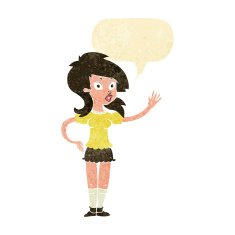 cartoon pretty woman waving for attention with speech bubble N2