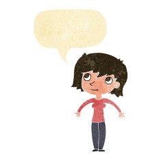 cartoon woman shrugging with speech bubble N9