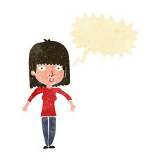 cartoon woman shrugging with speech bubble N10