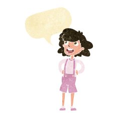 cartoon woman in dungarees with speech bubble N2