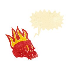 cartoon flaming skull with speech bubble