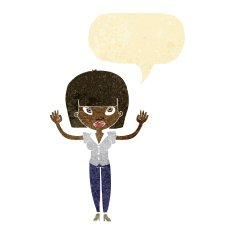 cartoon woman with raised hands speech bubble