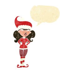 cartoon santa's helper woman with speech bubble N2