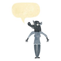 cartoon werewolf woman with speech bubble