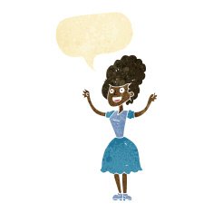 cartoon happy 1950's woman with speech bubble