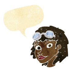 cartoon happy woman wearing aviator goggles with speech bubble N2
