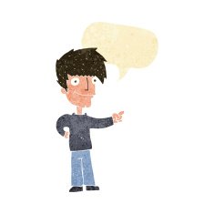cartoon man pointing with speech bubble N19