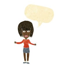 cartoon woman shrugging shoulders with speech bubble N72