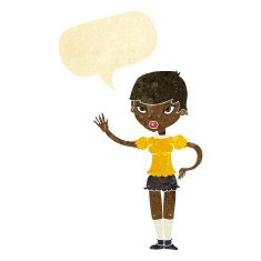 cartoon woman waving with speech bubble N42