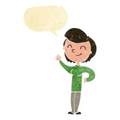 cartoon friendly waving woman with speech bubble N2