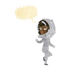 cartoon woman wearing space helmet with speech bubble N3