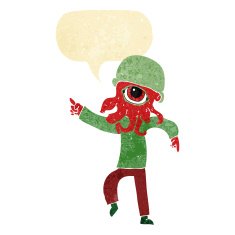 cartoon alien man dancing with speech bubble