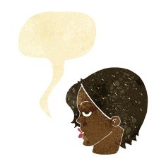 cartoon woman raising eyebrow with speech bubble N4