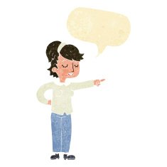cartoon friendly woman pointing with speech bubble N2