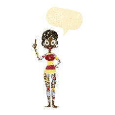cartoon woman covered in tattoos with speech bubble