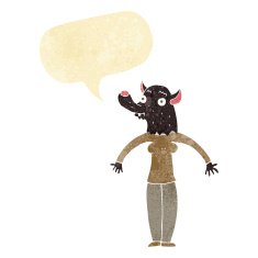 cartoon friendly werewolf woman with speech bubble