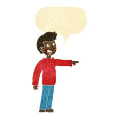 cartoon happy man pointing and laughing with speech bubble