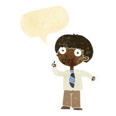 cartoon school boy with question speech bubble