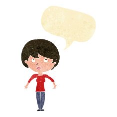 cartoon woman shrugging shoulders with speech bubble N74