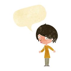cartoon woman shrugging shoulders with speech bubble N75