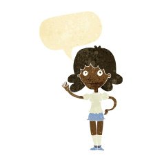 cartoon woman waving with speech bubble N46
