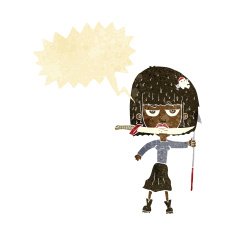 cartoon woman with knife and harpoon speech bubble