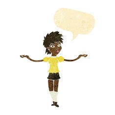 cartoon woman shrugging shoulders with speech bubble N79