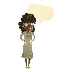 cartoon woman in trench coat with speech bubble N3