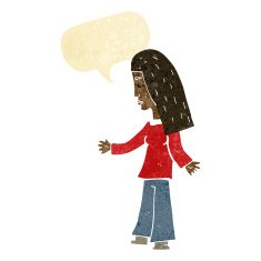 cartoon woman with open arms speech bubble N15