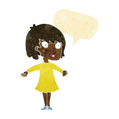 cartoon woman wearing dress with speech bubble N2