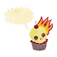 cartoon halloween cup cake with speech bubble