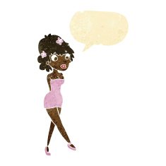 cartoon woman posing in dress with speech bubble N3
